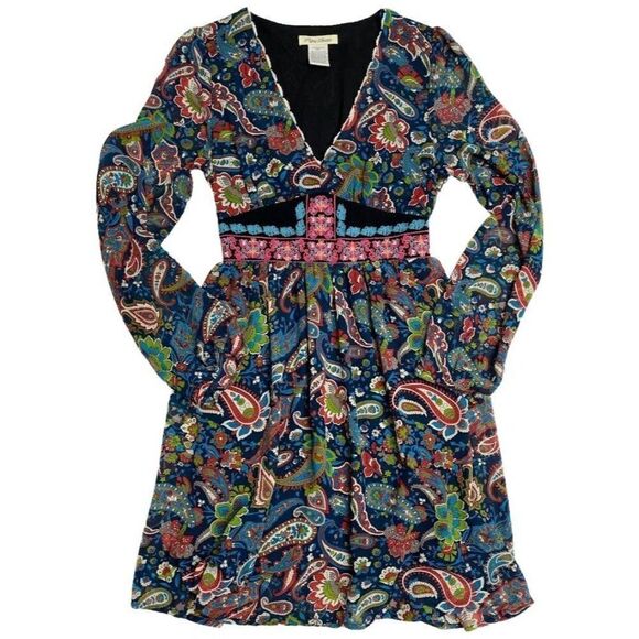 Flying‎ Tomato Blue Paisley Print Embroidered V Neck Long Sleeve Dress Sz Small - Picture 7 of 9